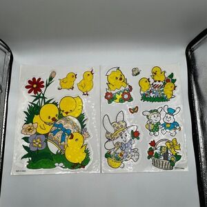 Vintage Stickers Easter White Background Bunnies Chicks Spring Eggs